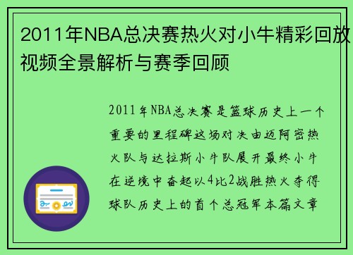 2011年NBA总决赛热火对小牛精彩回放视频全景解析与赛季回顾